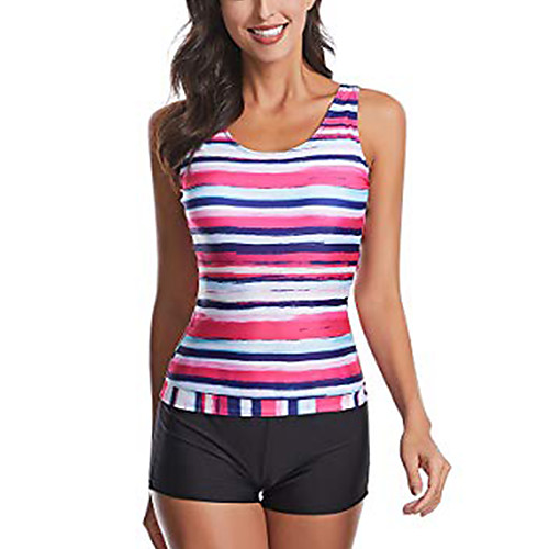 

wellwits women's ie dye stripes print tank top boyshorts tankini swimsuit pink l