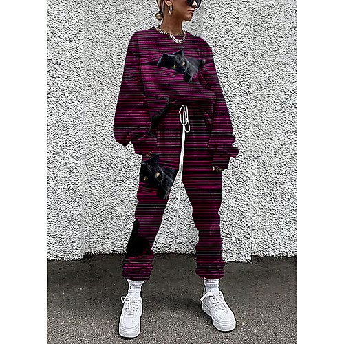 

Women's Streetwear Cinched Striped Cat 3D Going out Casual / Daily Two Piece Set Sweatshirt Tracksuit Pant Loungewear Drawstring Print Tops