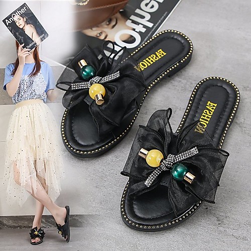 

Women's Flats Flat Heel Open Toe PU Bowknot Sparkling Glitter Beading Solid Colored Black Beige