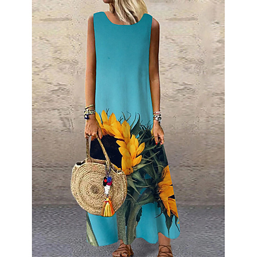 

Women's Shift Dress Maxi long Dress Blue Sleeveless Floral Print Print Spring Summer Round Neck Casual 2021 S M L XL XXL 3XL