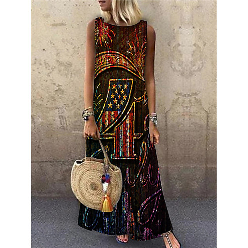 

Women's Shift Dress Maxi long Dress Red Sleeveless Print Flag Print Spring Summer Round Neck Casual 2021 S M L XL XXL 3XL