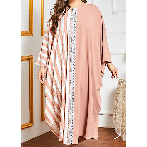 

Women's Kaftan Dress Maxi long Dress Blushing Pink Long Sleeve Color Block Patchwork Summer Round Neck Casual 2021 One-Size