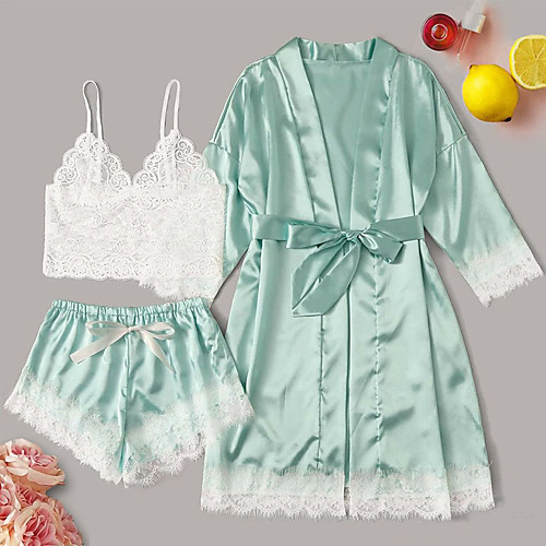 

Women's Daily Polyester Pajamas V Neck Suits 3/4-Length Sleeve 3-Piece Spring & Summer Without Lining S Blushing Pink / Strap