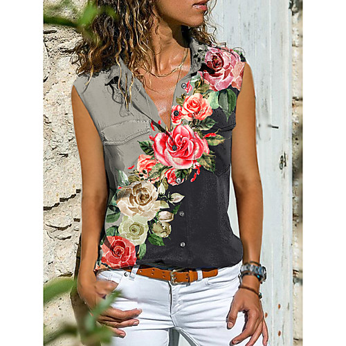 

Women's Blouse Shirt Floral Graphic Color Block Button Print Shirt Collar Tops Casual Streetwear Basic Top Khaki Gray