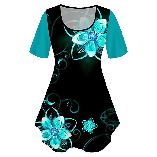 

Women's Plus Size Print Floral Graphic Blouse Large Size Crewneck Short Sleeve Basic Tops XL XXL 3XL Blue Big Size