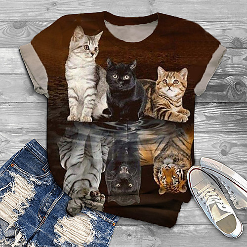 

Women's Plus Size Print Cat Graphic Animal T shirt Large Size Crewneck Short Sleeve Basic Tops XL XXL 3XL Brown Big Size
