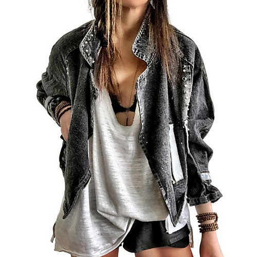 

Women's Jackets Letter Beaded Casual Fall Jacket Regular Daily Long Sleeve Denim Coat Tops Black