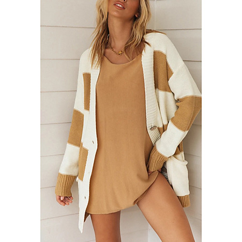 

Women's Stylish Pocket Knitted Solid Color Cardigan Long Sleeve Sweater Cardigans Crew Neck Fall Spring Green Brown Beige