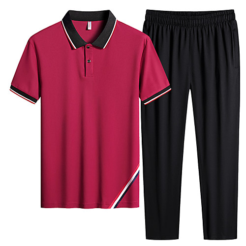 

Men's 2 Piece Tracksuit Jogging Suit Athleisure Short Sleeve 2pcs Spandex Breathable Sweat Out Jogging Sportswear Solid Colored Normal Outfit Set White Black Burgundy Blue Activewear Micro-elastic