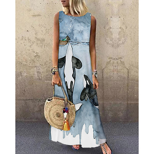 

Women's Shift Dress Maxi long Dress Blue Sleeveless Print Animal Print Spring Summer Round Neck Casual 2021 S M L XL XXL 3XL