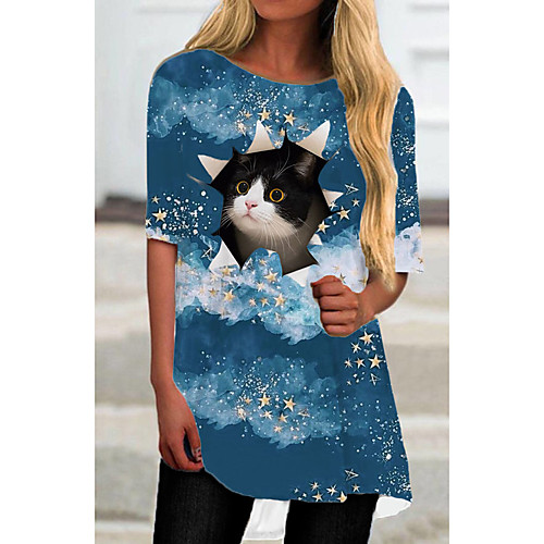 

Women's T Shirt Dress Tee Dress Short Mini Dress Blue Half Sleeve Cat Animal Print Spring Summer Round Neck Casual 2021 S M L XL XXL 3XL
