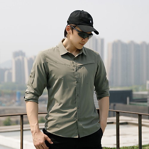 

Men's Hiking Shirt / Button Down Shirts Fishing Shirt Long Sleeve Jacket Shirt Top Outdoor UV Sun Protection Quick Dry Lightweight Breathable Autumn / Fall Spring Polyester Solid Color Army Green