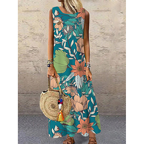 

Women's Shift Dress Maxi long Dress Blue Sleeveless Floral Print Print Spring Summer Round Neck Casual 2021 S M L XL XXL 3XL