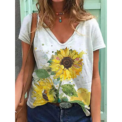 

Women's T shirt Floral V Neck Tops Basic Basic Top White