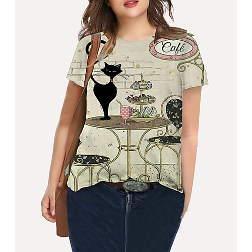 

Women's Plus Size Print Cat Graphic Animal T shirt Large Size Crewneck Short Sleeve Basic Tops XL XXL 3XL Gray Big Size