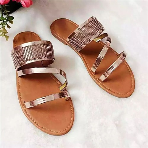 

Women's Sandals Flat Heel Round Toe PU Color Block Gold Silver