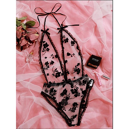 

Women's Layered Lace Hole Bodysuits Nightwear Floral Solid Colored Embroidered Bra Black XS S M