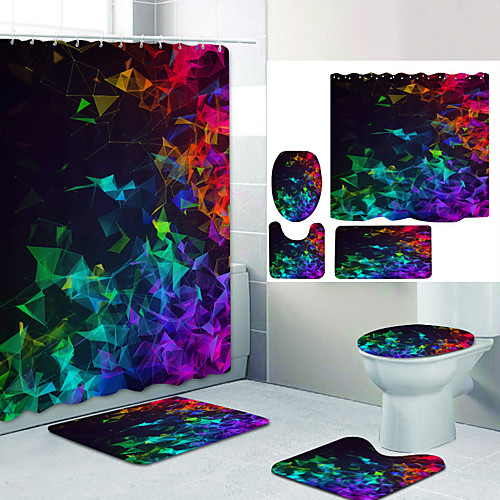 

Color Triangle Digital Printing Four-piece Set Shower Curtains and Hooks Modern Polyester Machine Made Waterproof Bathroom