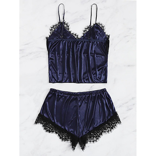 

Women's Layered Lace Hole Matching Bralettes Suits Nightwear Solid Colored Embroidered Bra Navy Blue XS S M