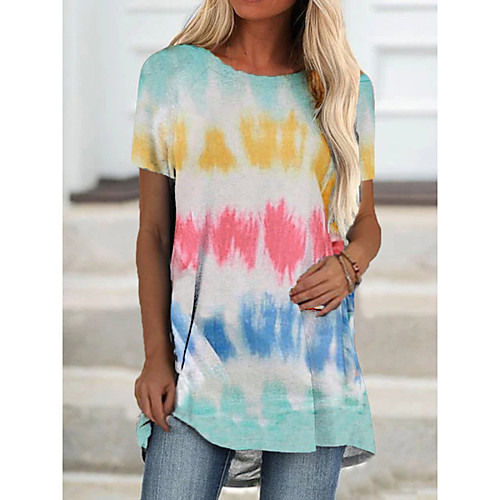 

amazon independent station summer european and american women's new 2021 gradient stripe printed round neck women's short sleeve t-shirt