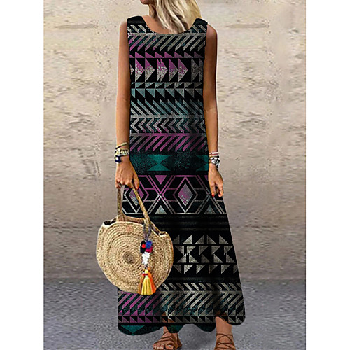 

Women's Shift Dress Maxi long Dress Black Sleeveless Print Geometric Print Spring Summer Round Neck Casual 2021 S M L XL XXL 3XL