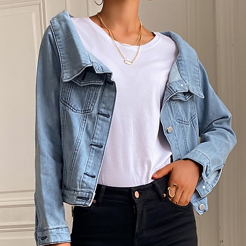 

Women's Jackets Solid Colored Patchwork Casual Fall Jacket Regular Daily Long Sleeve Denim Coat Tops Light Blue