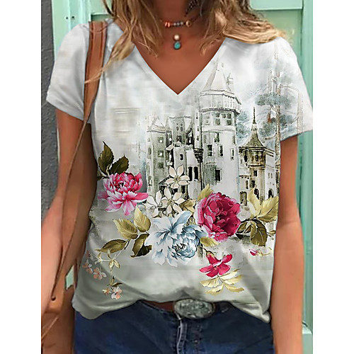 

Women's T shirt Floral Scenery Print V Neck Tops Basic Basic Top White