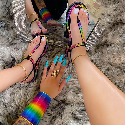 

Women's Slippers & Flip-Flops Flat Heel Open Toe PU Rhinestone Sparkling Glitter Color Block Rainbow