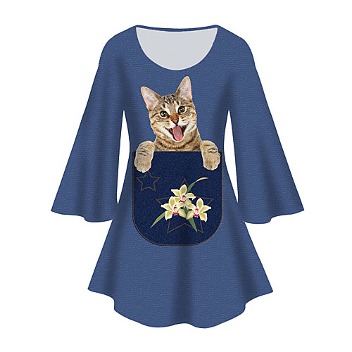 

Women's Plus Size Print Cat Graphic Animal Tunic Large Size Crewneck 3/4 Length Sleeve Basic Tops XL XXL 3XL Blue Big Size