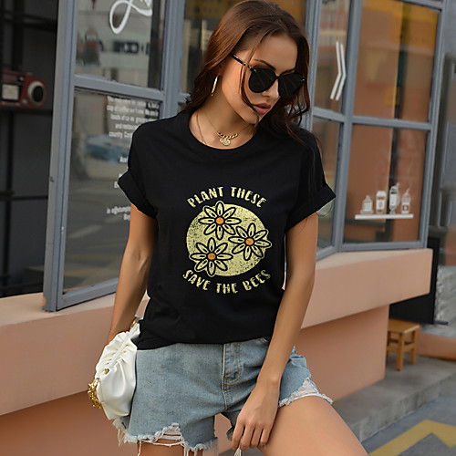 

Women's T shirt Graphic Text Print Round Neck Tops Cotton Basic Basic Top Black Blue Red