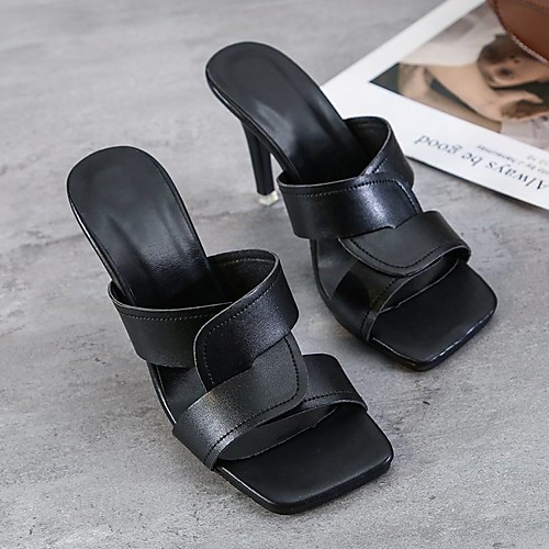 

Women's Sandals High Heel Square Toe PU Color Block Black Beige