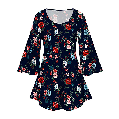 

Women's Plus Size Print Floral Graphic Tunic Large Size Crewneck 3/4 Length Sleeve Basic Tops XL XXL 3XL Navy Blue Big Size