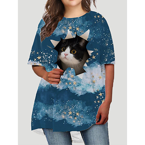 

Women's Plus Size Dresses T Shirt Dress Tee Dress Short Mini Dress Half Sleeve Cat Graphic Animal Print Basic Fall Blue XL XXL 3XL 4XL 5XL / Holiday