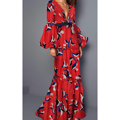 

Women's Shift Dress Maxi long Dress Red Long Sleeve Floral Solid Color Print Spring Summer V Neck Casual Flare Cuff Sleeve 2021 S M L XL XXL 3XL