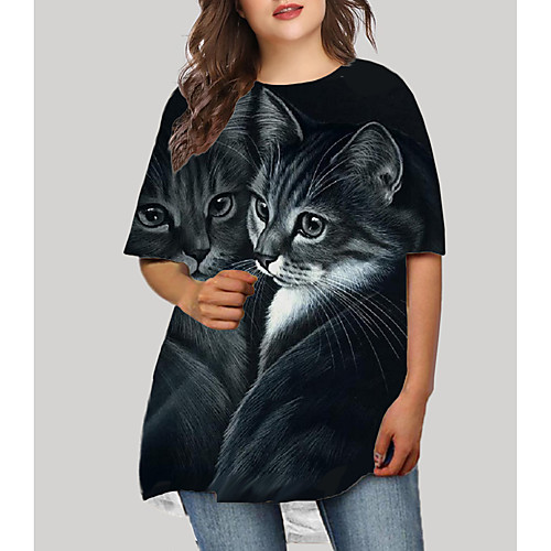 

Women's Plus Size Dresses T Shirt Dress Tee Dress Short Mini Dress Half Sleeve Cat Graphic Animal Print Basic Fall Black XL XXL 3XL 4XL 5XL / Holiday