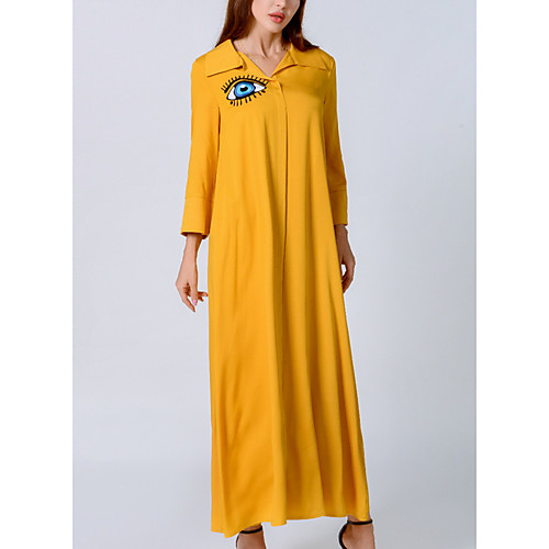 

Women's Kaftan Dress Maxi long Dress Purple Red Yellow Long Sleeve Solid Color Patchwork Summer Shirt Collar Casual 2021 S M L XL