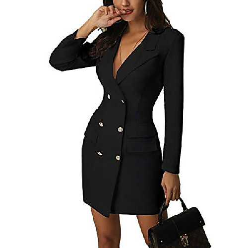 

misomee women fashion v-neck double breasted blazer dress m black