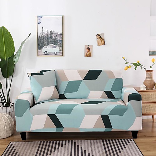 

Light Blue Rhombus Print Dustproof All-powerful Stretch Sofa Cover Super Soft Fabric with One Free Boster Case