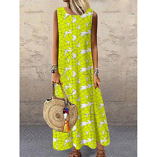 

Women's Shift Dress Maxi long Dress Yellow Sleeveless Floral Print Print Spring Summer Round Neck Casual 2021 S M L XL XXL 3XL