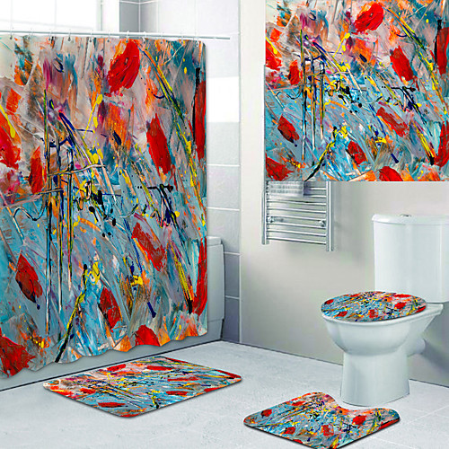 

Oil Painting Printed Bathtub Curtain liner Covered with Waterproof Fabric shower Curtain for Bathroom home Decoration with hook floor mat and four-piece Toilet mat