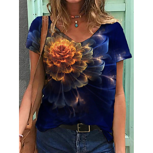 

Women's T shirt Floral Graphic Print V Neck Tops Basic Beach Basic Top Blue Navy Blue Rainbow