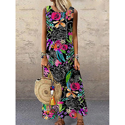 

Women's Shift Dress Maxi long Dress Black Sleeveless Floral Print Print Spring Summer Round Neck Casual 2021 S M L XL XXL 3XL