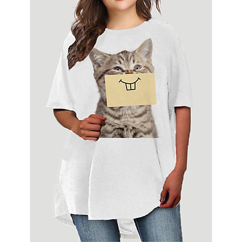 

Women's Plus Size Dresses T Shirt Dress Tee Dress Short Mini Dress Half Sleeve Cat Graphic Animal Print Basic Fall White XL XXL 3XL 4XL 5XL / Holiday