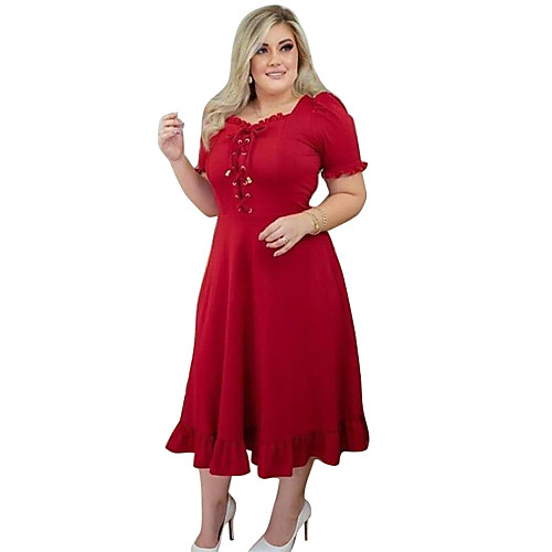 

Women's Plus Size Dresses A Line Dress Maxi long Dress Short Sleeve Plain Drawstring Square Neck Classic Summer L XL XXL XXXL 4XL