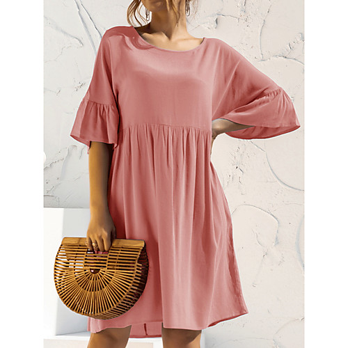 

Women's A Line Dress Knee Length Dress Black Blushing Pink Orange Light Blue Half Sleeve Solid Color Ruched Patchwork Fall Summer Round Neck Elegant Casual Cotton 2021 S M L XL