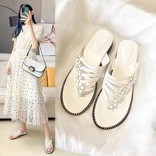 

Women's Sandals Block Heel Round Toe PU Flower Solid Colored Black Beige
