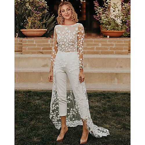 

Jumpsuits A-Line Wedding Dresses Jewel Neck Sweep / Brush Train Lace Satin Long Sleeve Sexy See-Through Modern with Embroidery Appliques 2021