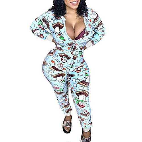 

women one piece pajama jumpsuit christmas sleepwear sexy deep v zipper bodycon nightwear lounge outfits (light blue, medium)