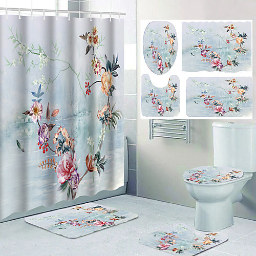 

Flower Pattern Bathroom Waterproof Shower Curtain and Cushion Four-piece Modern Polyester New Design