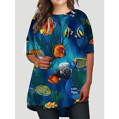 

Women's Plus Size Graphic Fish Animal Print Basic Half Sleeve Fall Short Mini Dress T Shirt Dress Tee Dress Blue